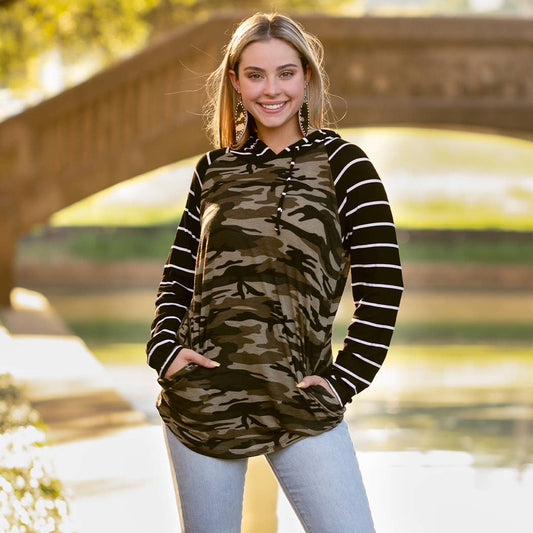 Camouflage Hoodie W/Striped Sleeves