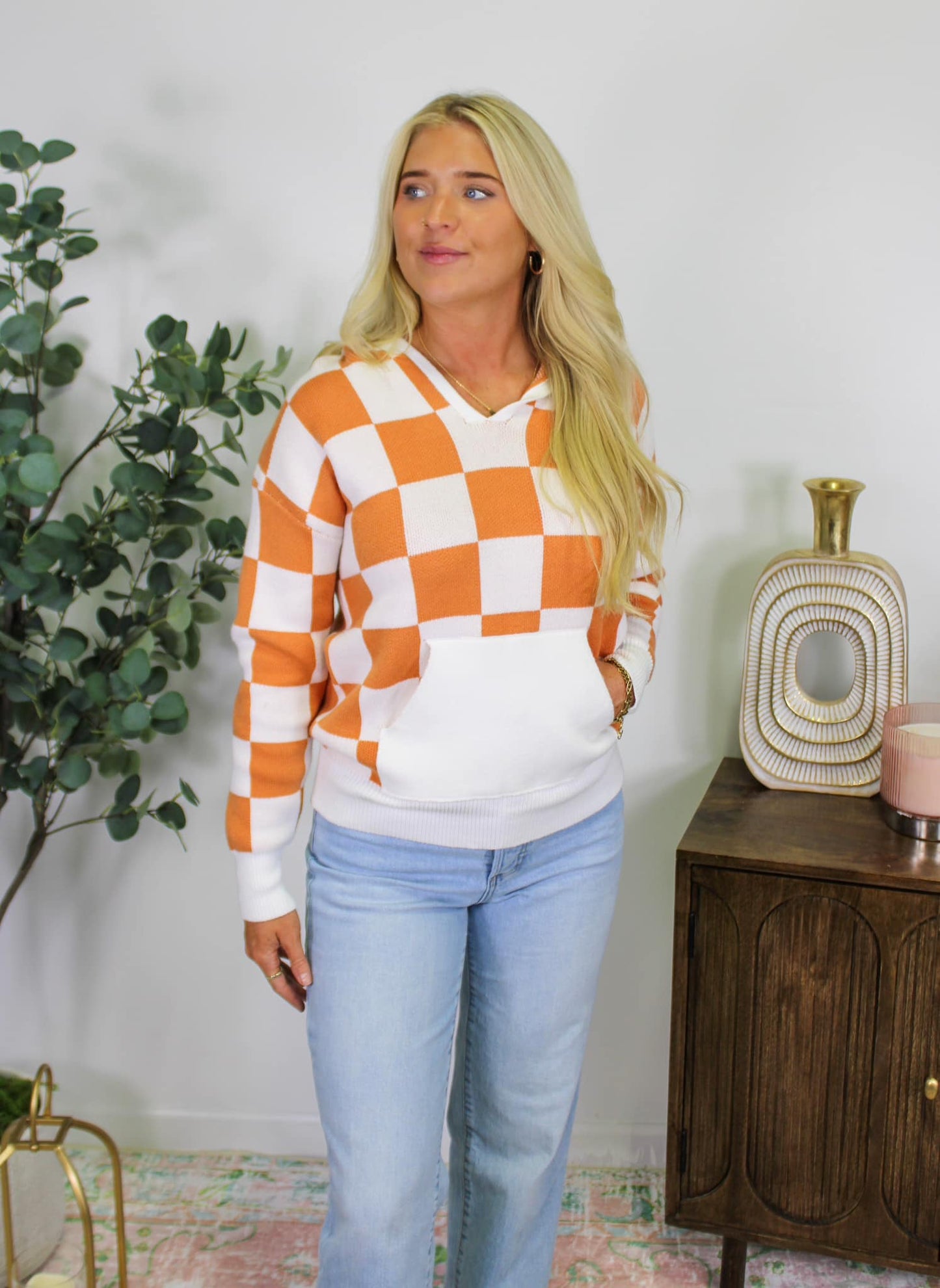 Checkered Hooded Sweater - Burnt Orange