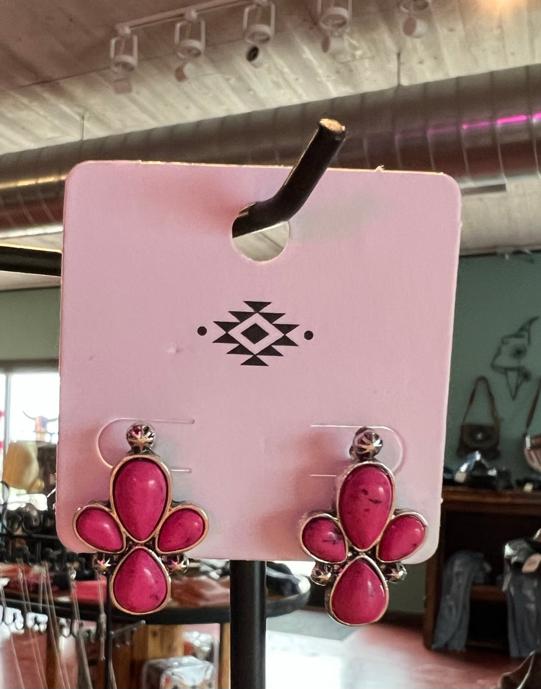 Pink Tri Stone Earrings Studs - E05
