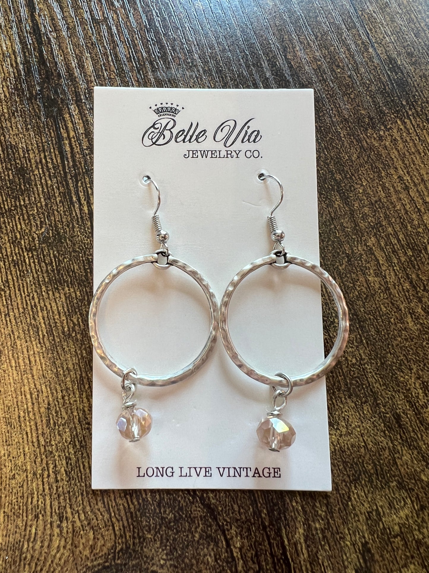 Silver Hammered Circle Crystal Earrings