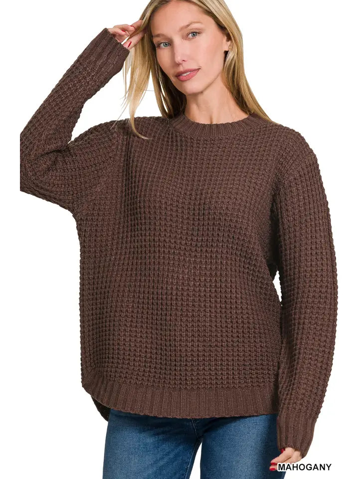 Hi-Low Long Sleeve Round Neck Waffle Sweater