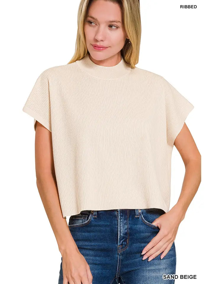 Viscose Mock Neck Short Sleeve Boxy Sweater