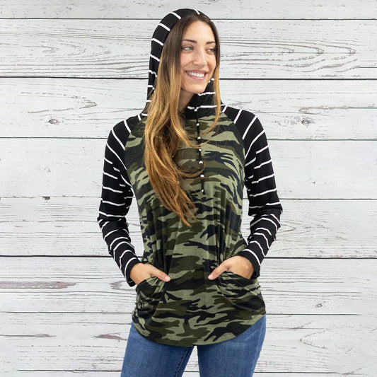 Camouflage Hoodie W/Striped Sleeves