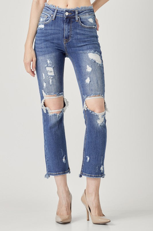 Frayed Edge Distressed Straight Leg Jeans