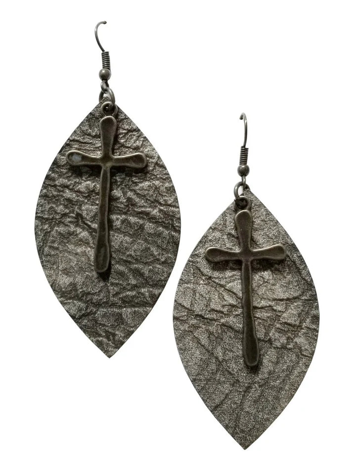 Leaf Shape Leather Earring w/Cross