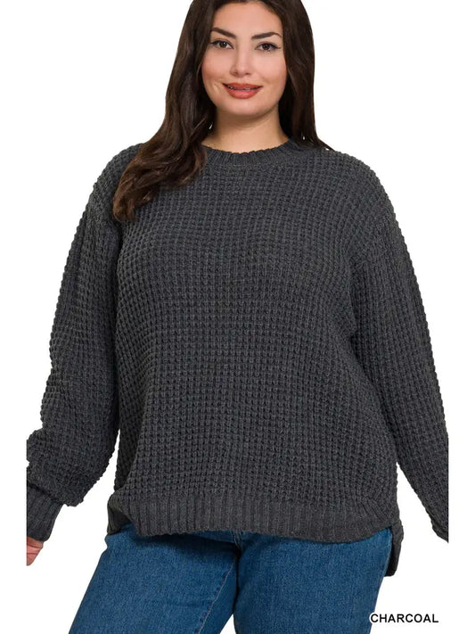 Plus Hi-Low Long Sleeve Round Neck Waffle Sweater